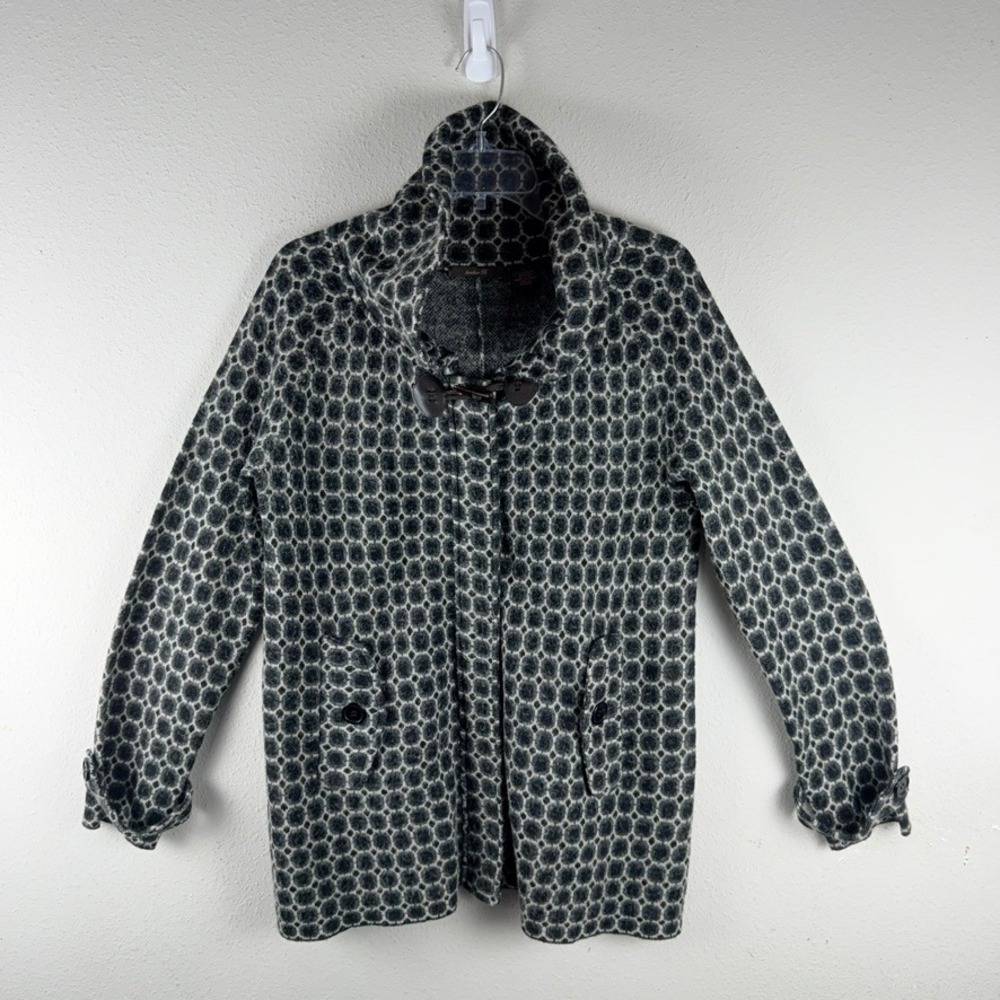 Heather B Toggle Cardigan L Gray Geometric Wool Blend Funnel Neck Dark Academia